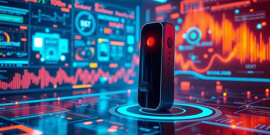 Futuristic AI voice agent with digital interfaces and sound waves.