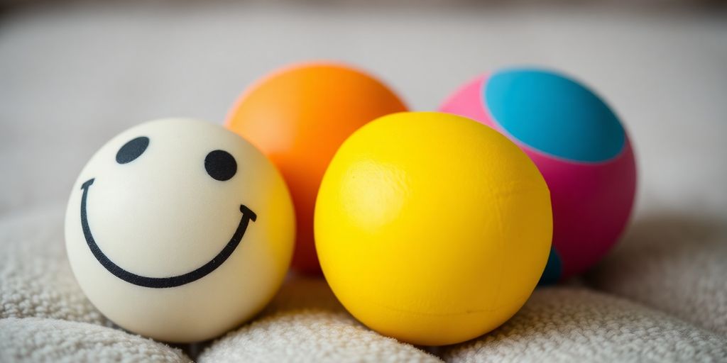 Colorful stress balls in various shapes on a soft surface.