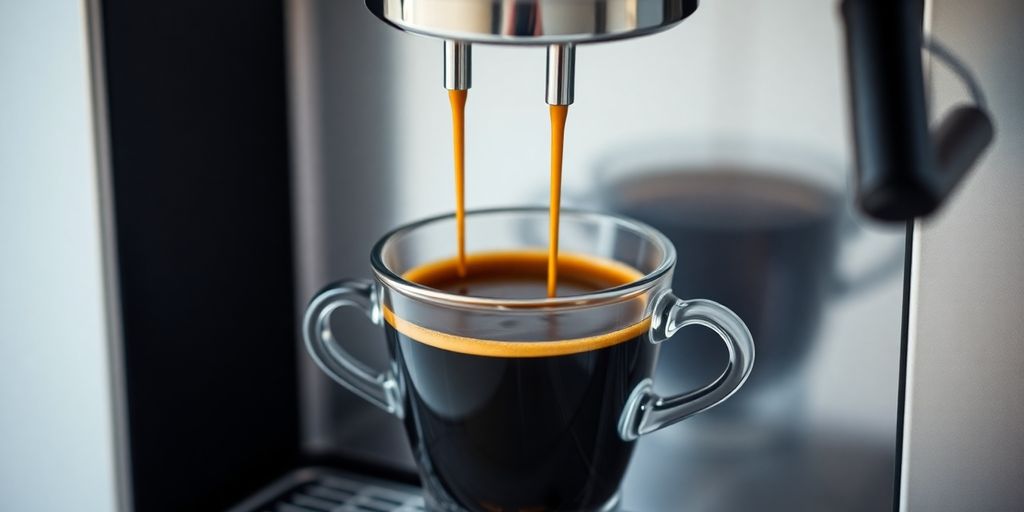 Machine brewing espresso, steam rising, rich crema.
