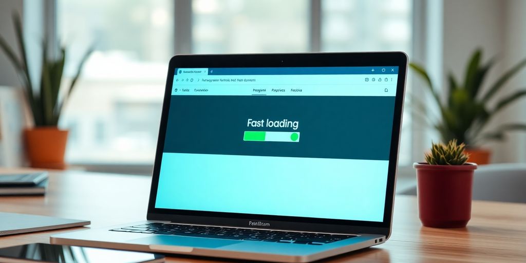 Laptop displaying a fast-loading website in a workspace.