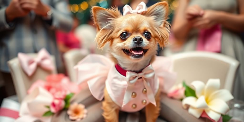 Small dog in a dress at a special occasion.
