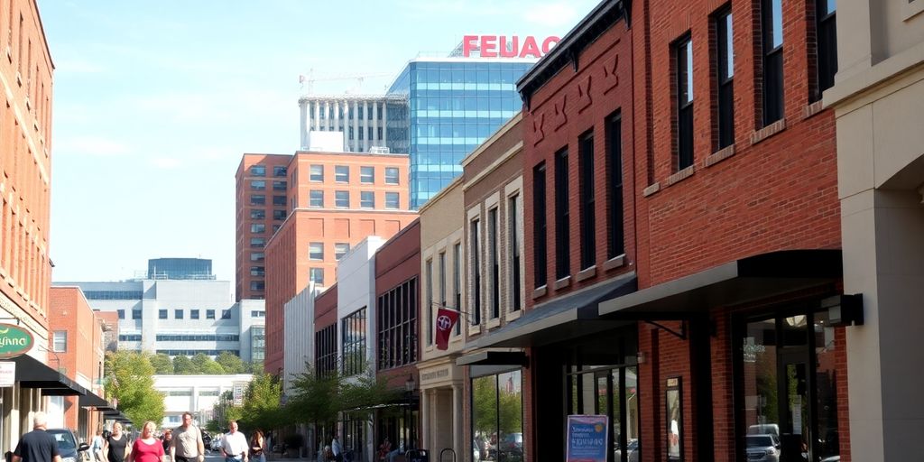 A bustling street scene in downtown Burlington, North Carolina.