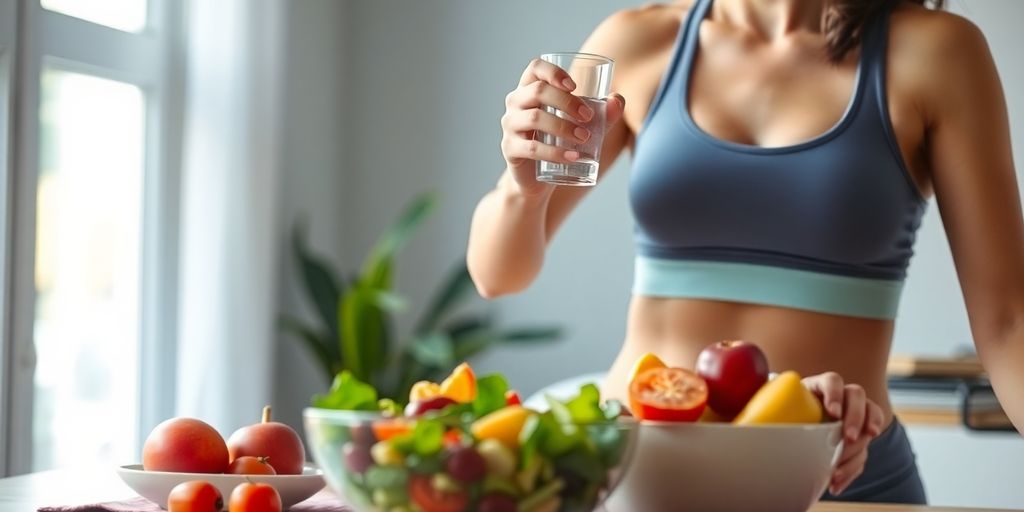 Woman, healthy food, water, and restful sleep.