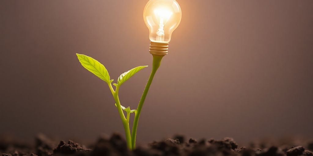 Bright lightbulb emerges from a small seedling with green leaves.