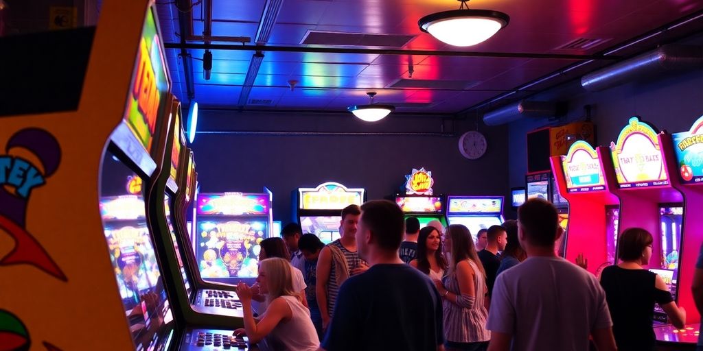 Colorful arcade games with players enjoying the experience.