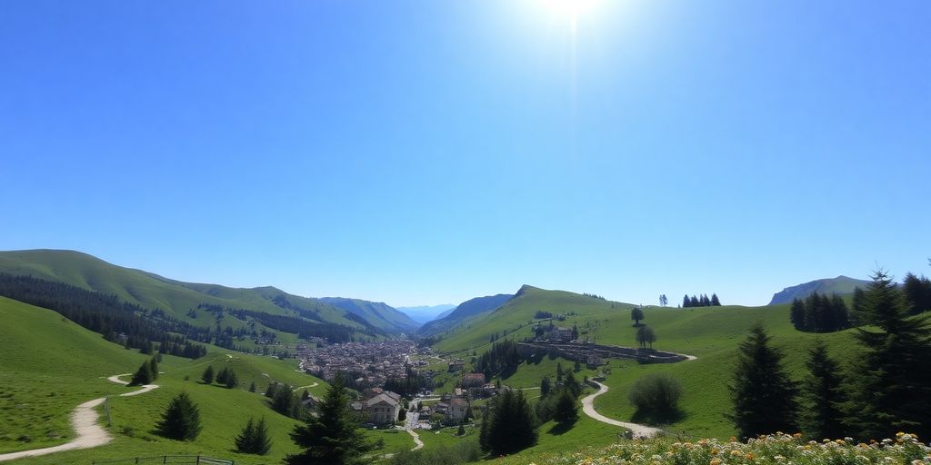 Paysage alpin verdoyant avec villages et sentiers