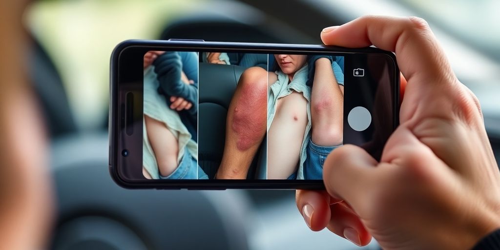 Person carefully documenting injuries after a car accident.