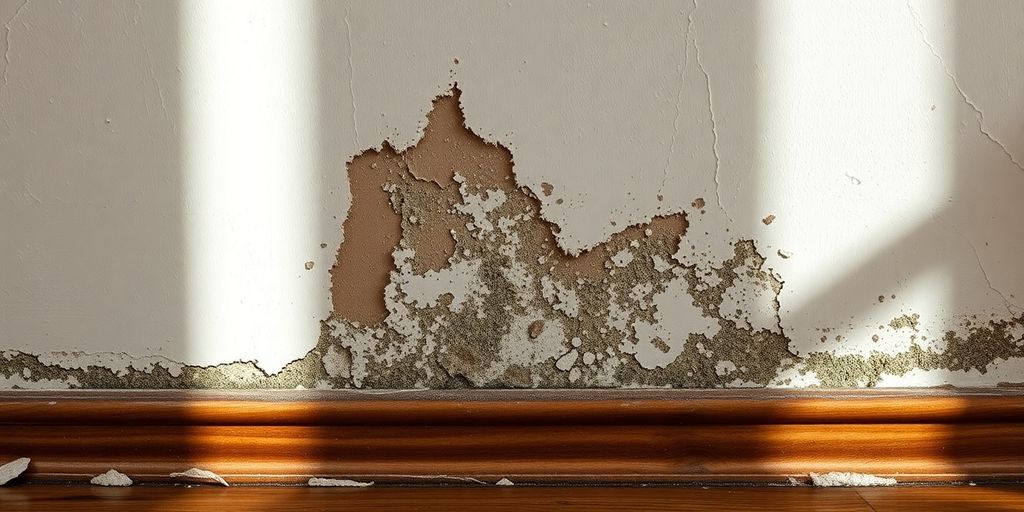 Water-damaged wall with peeling paint and mold.
