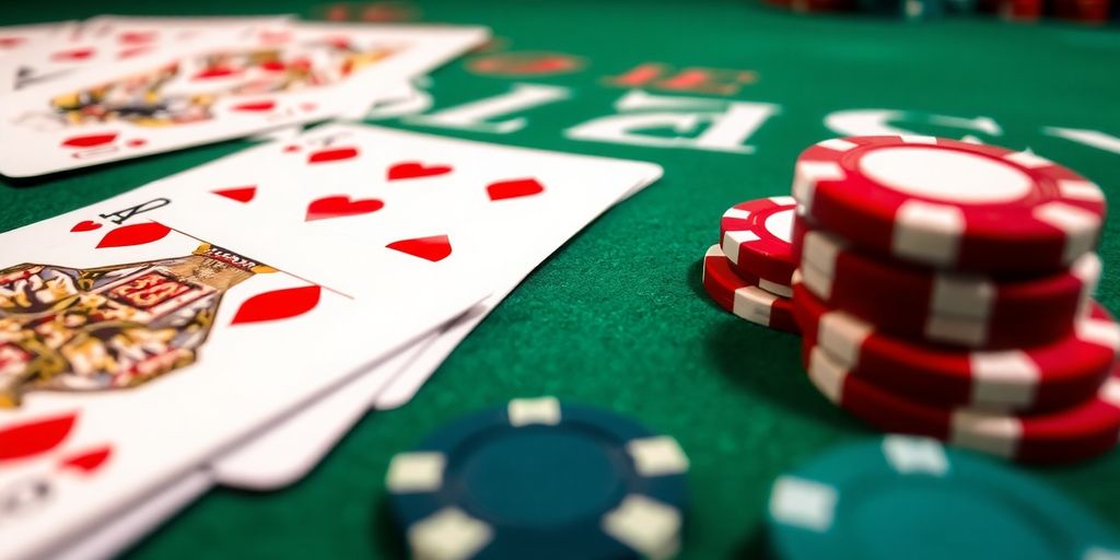 Blackjack cards and chips on a felt table.
