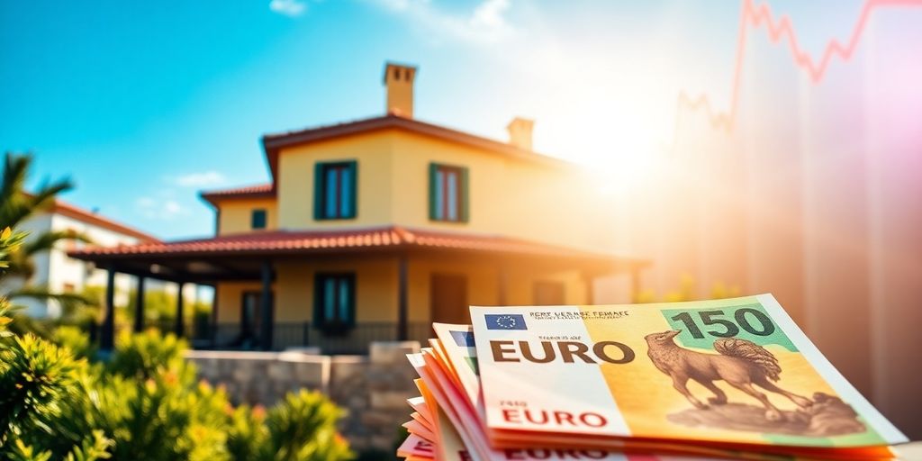 Portuguese villa with crisp banknotes and subtle financial charts.
