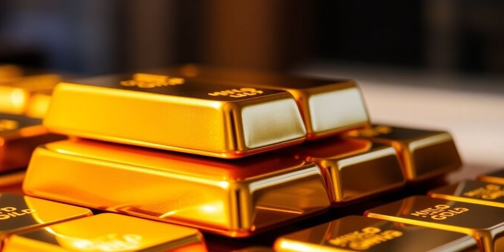 Barres d'or brillantes empilées en arrière-plan flou.