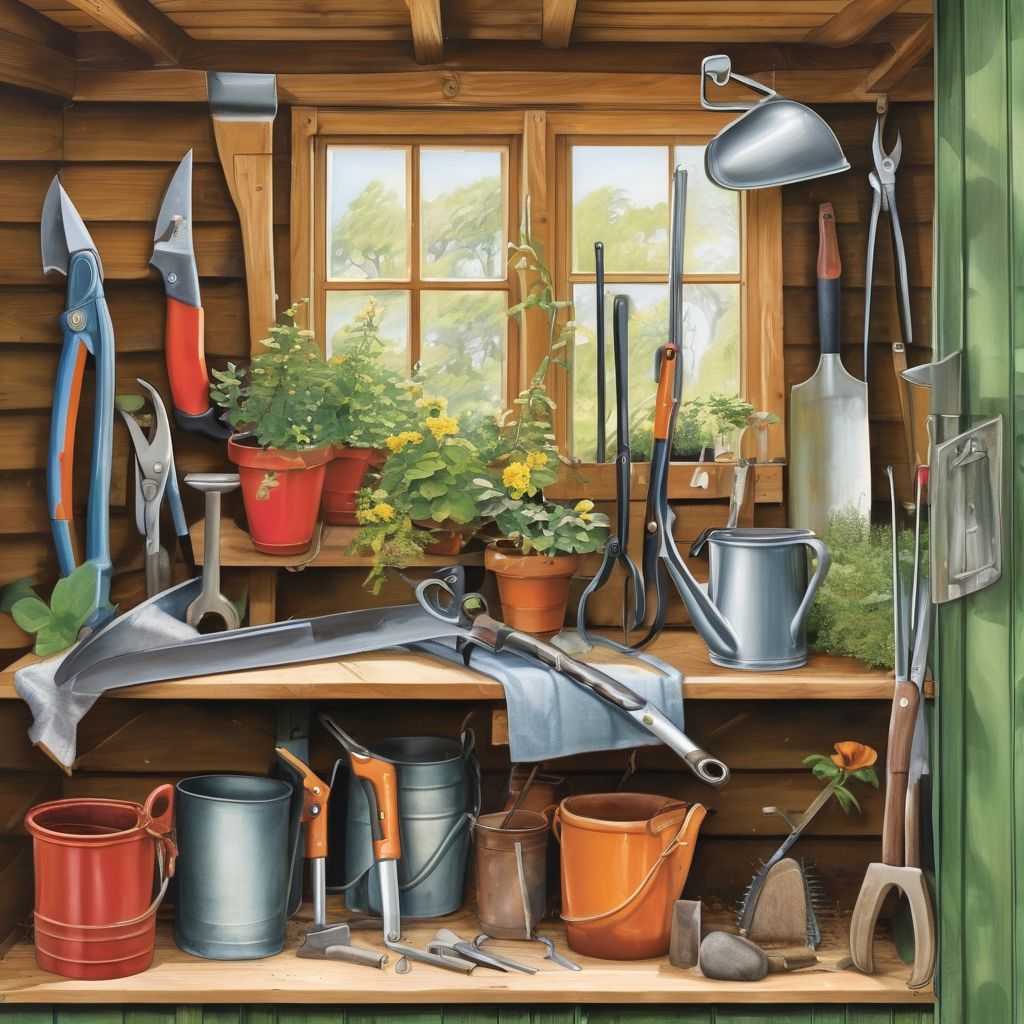 British garden shed with essential tools and secateurs