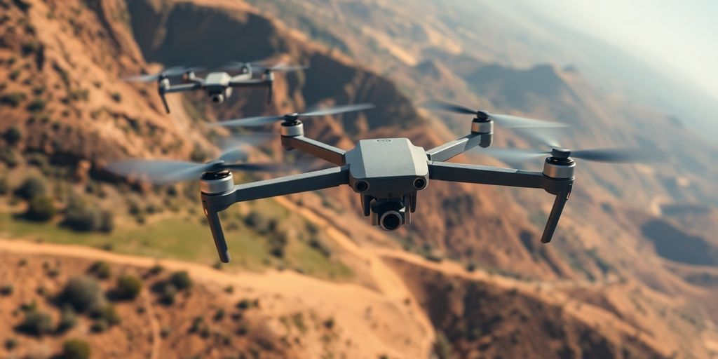 Drones en vol au-dessus d'un paysage marocain.