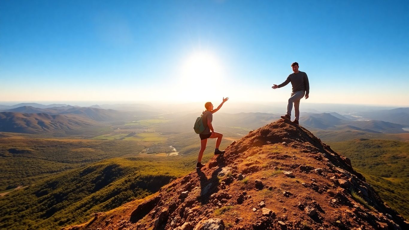 Person reaching a mountain summit under bright sunlight.