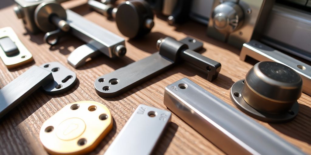 Photograph of various patio door latches on wood.