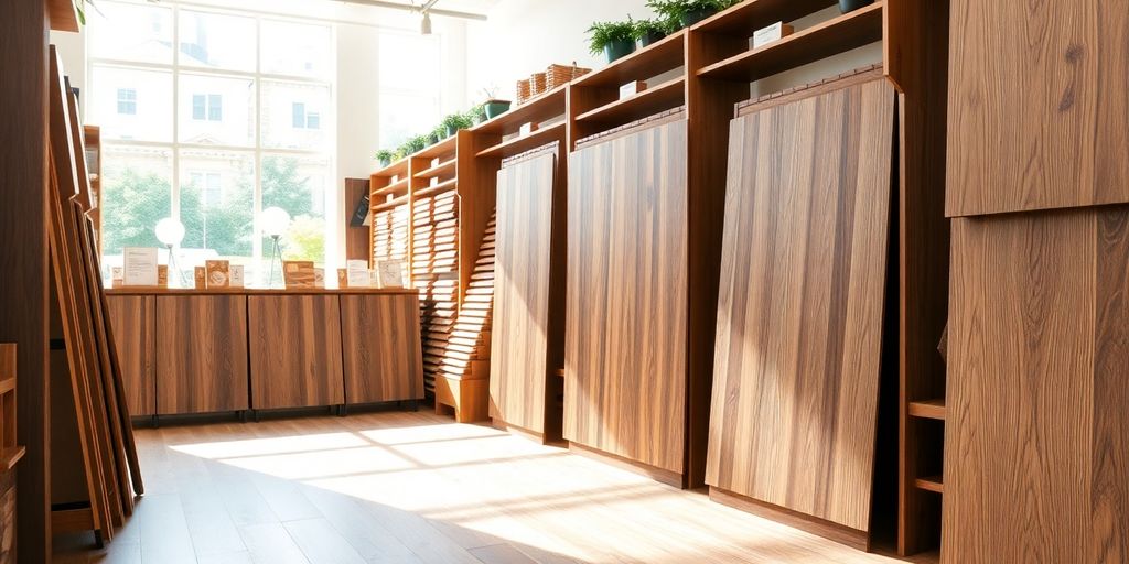 A display of hardwood flooring samples in a store.