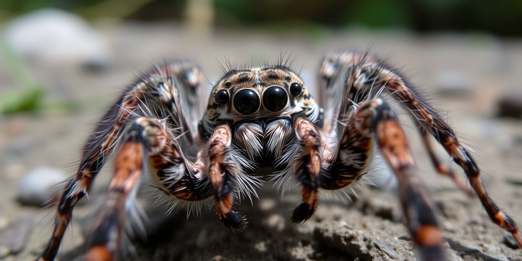 Close-up of a wolf spider's eyes and fangs.