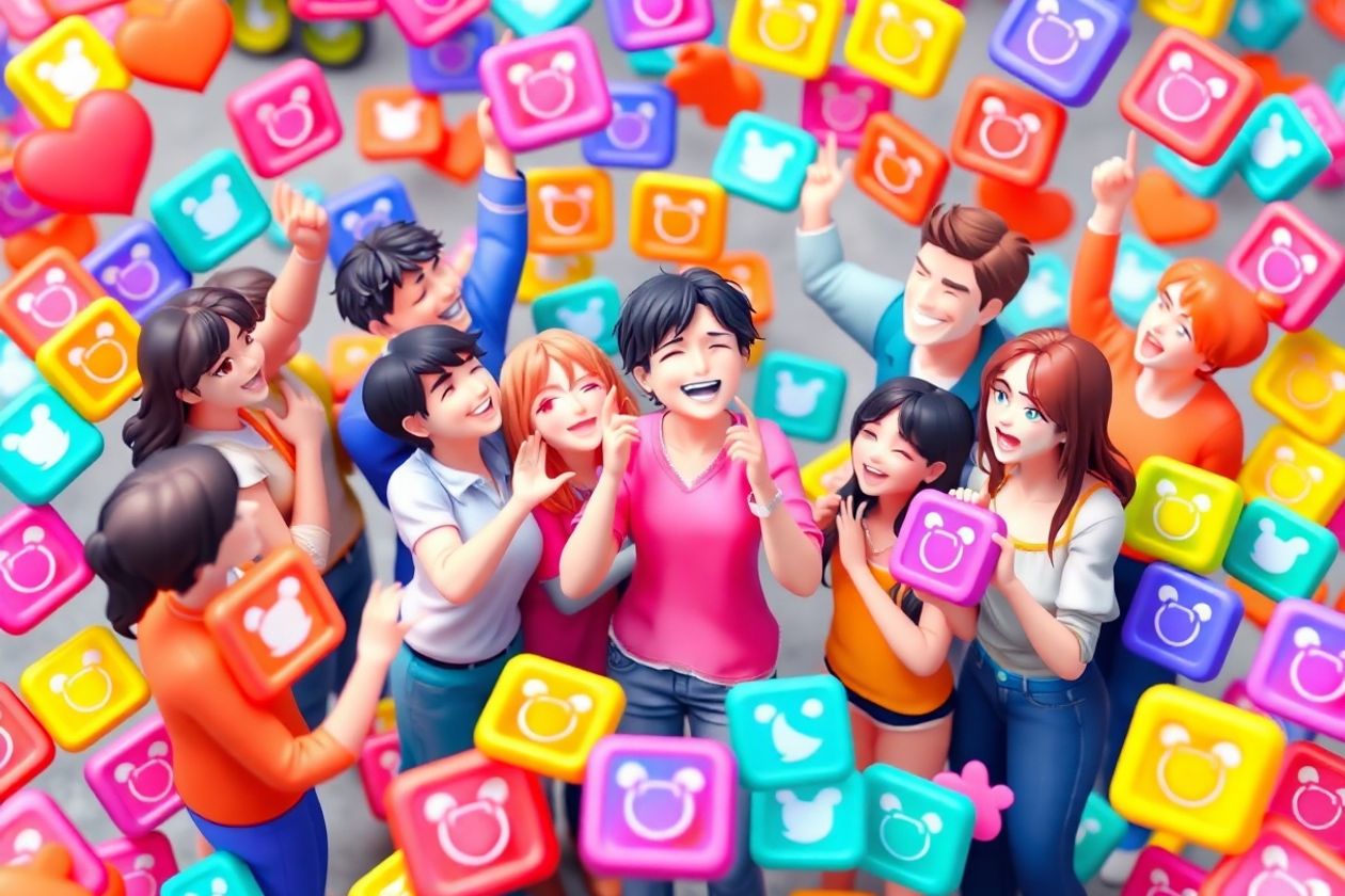 Imagem 3D de personagens felizes interagindo.