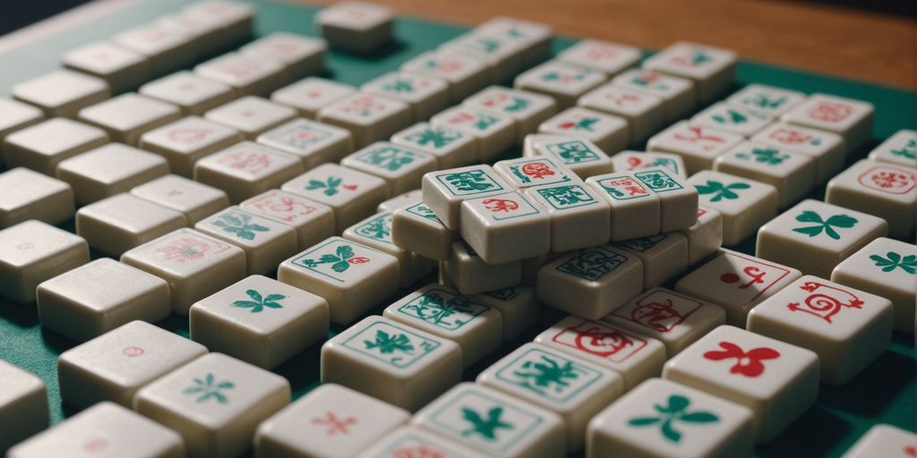 Close-up of Mahjong wind tiles on a game table.