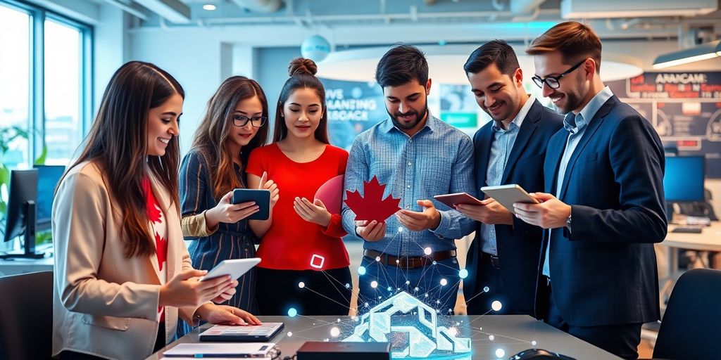 Diverse entrepreneurs collaborating with AI and blockchain technology.