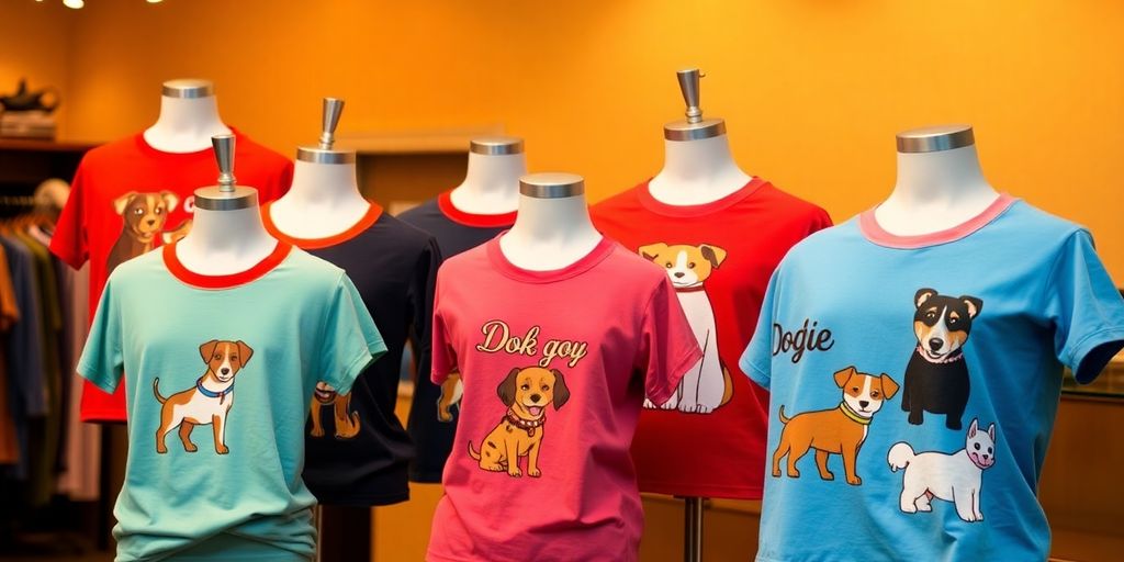Colorful doge shirts on mannequins in a cozy setting.