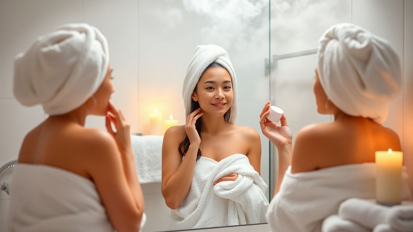 Woman moisturizing face in cozy, steamy bathroom after shower.