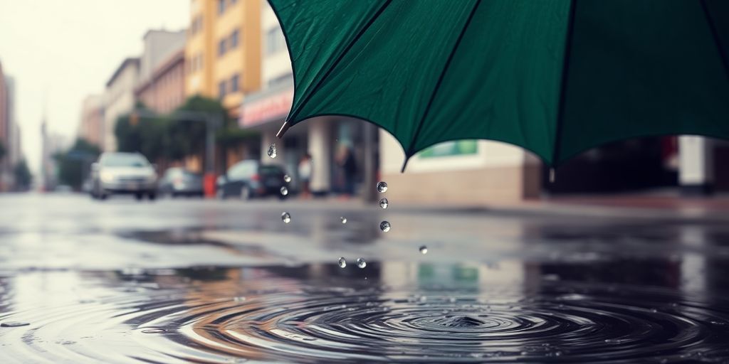 Rain falling on a green umbrella.