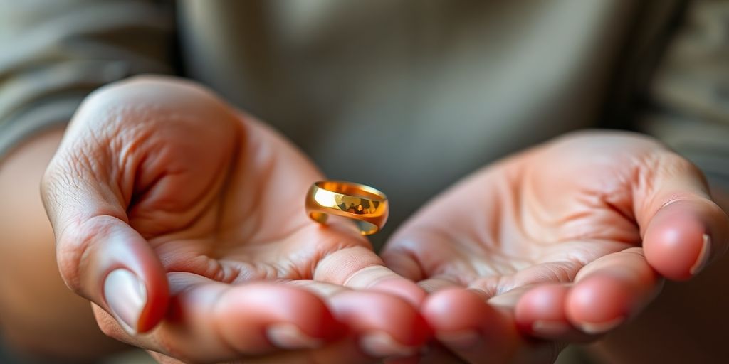 Une main tenant une bague en or et une autre main tendue.