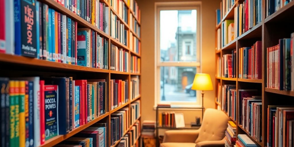 Vibrant bookshelf with colorful books and cozy reading nook.