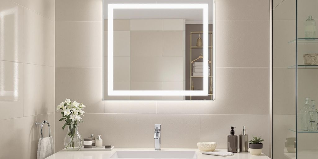 Stylish LED mirror in a modern bathroom setting.