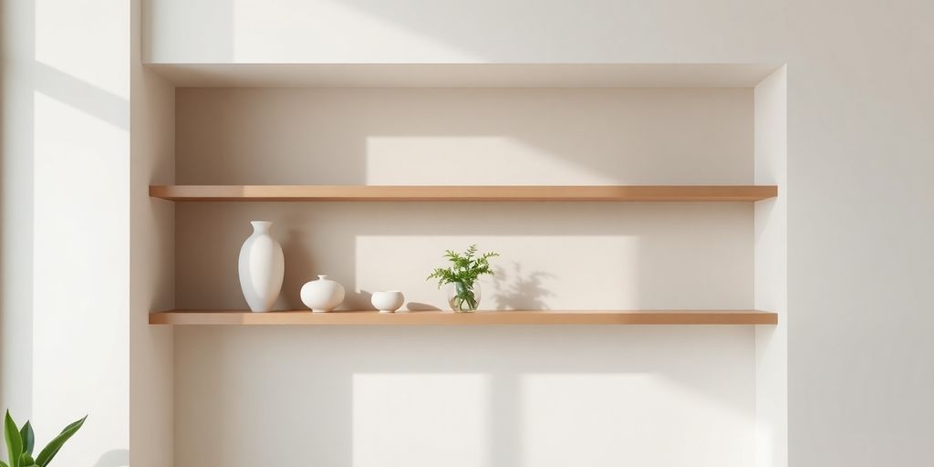 Stylish floating shelves displaying decorative items.