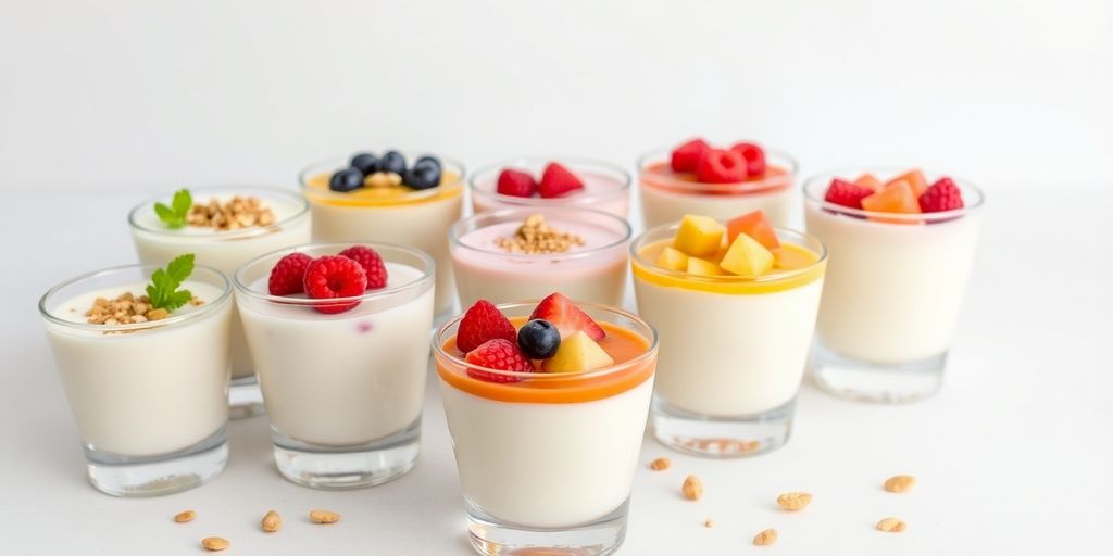 Assortment of colorful milk-based custards in glass cups.