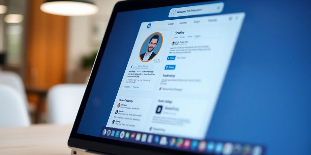 Laptop screen with professional headshot and LinkedIn profile open.