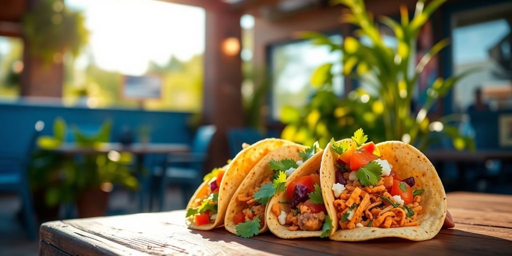 Plates of tacos on a vibrant outdoor restaurant table