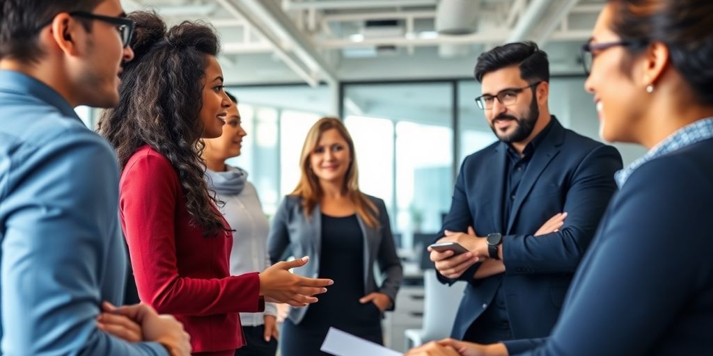 Diverse employees collaborating in a modern office environment.