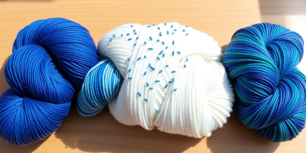 Three yarn skeins: solid, speckled, multi-color.