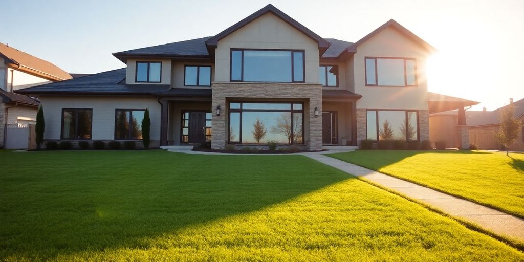 Modern custom-built home with large windows and green lawn.