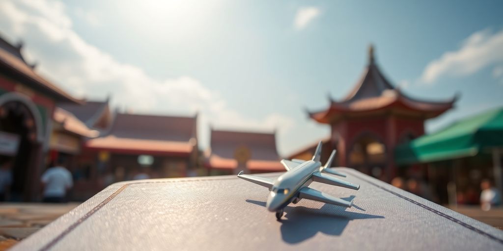 Passport, plane, and Vietnamese landmark.