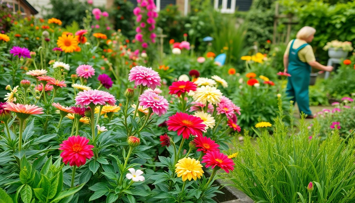 A gardener tending to a colourful London garden.