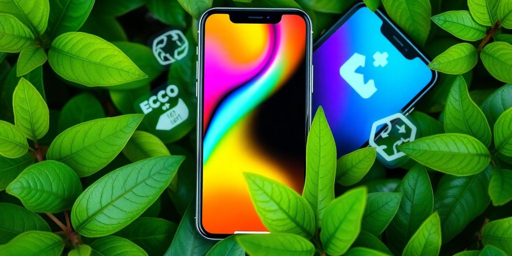 Smartphone umgeben von grünen Blättern und Umweltbewusstsein.