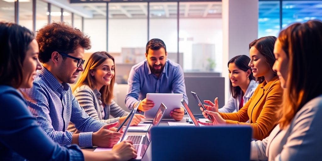 Tim radi na digitalnim uređajima u kancelariji.