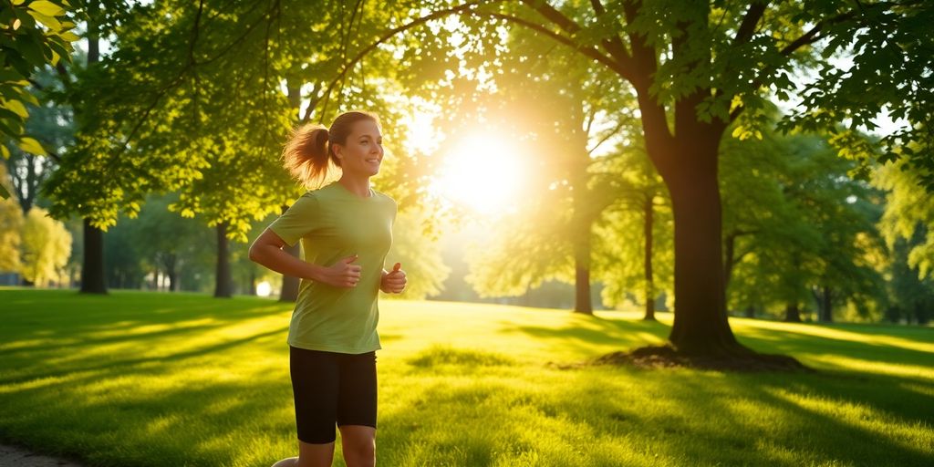 Person jogging in a sunny park surrounded by greenery.