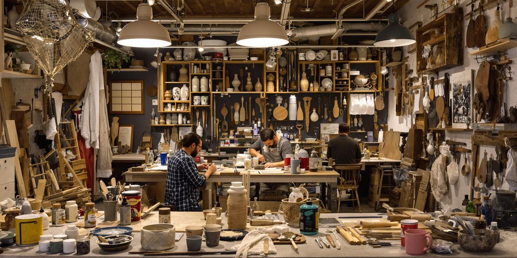 Håndverkere i arbeid med verktøy og materialer.