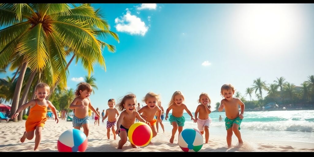 Bunte Strandaktivitäten mit Kindern und Palmen im Hintergrund.