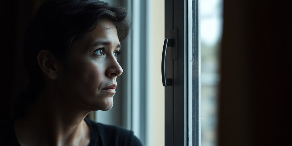 Pessoa pensativa olhando pela janela em um dia nublado.