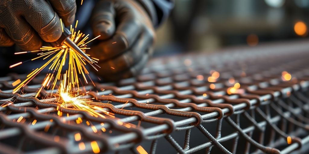 Close-up of mesh welding on steel rebar.