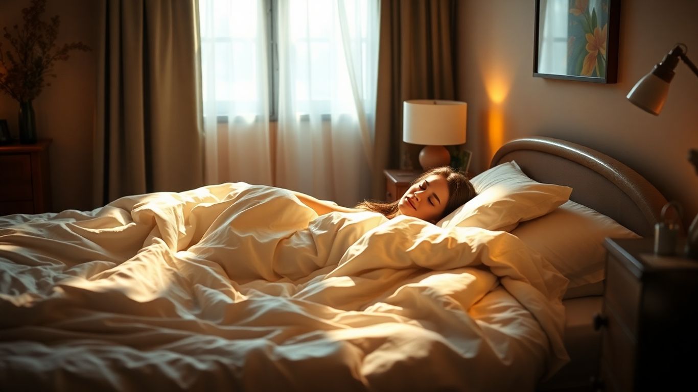 Person sleeping peacefully in a tranquil bedroom.