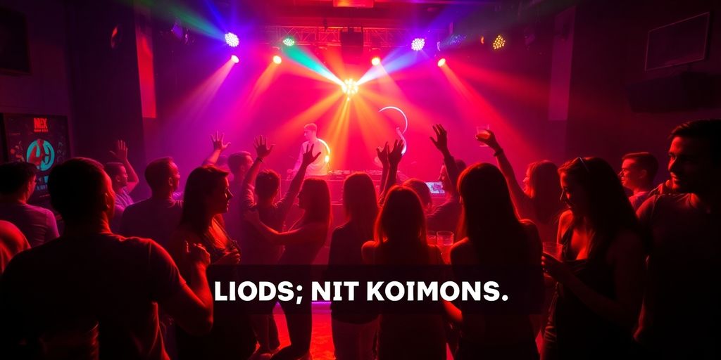 Energetic party scene with people dancing under colourful lights.