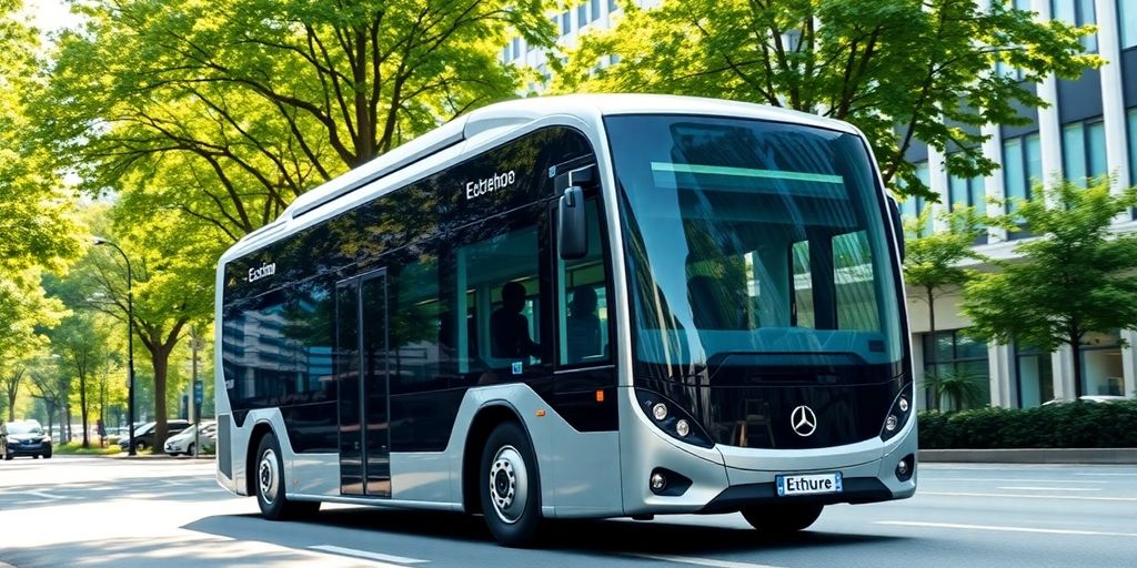 Autobuz electric modern în peisaj urban verde.