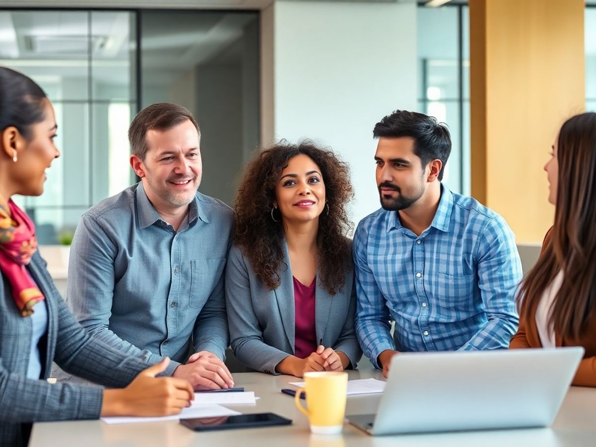 Grup de angajați discutând în birou modern.